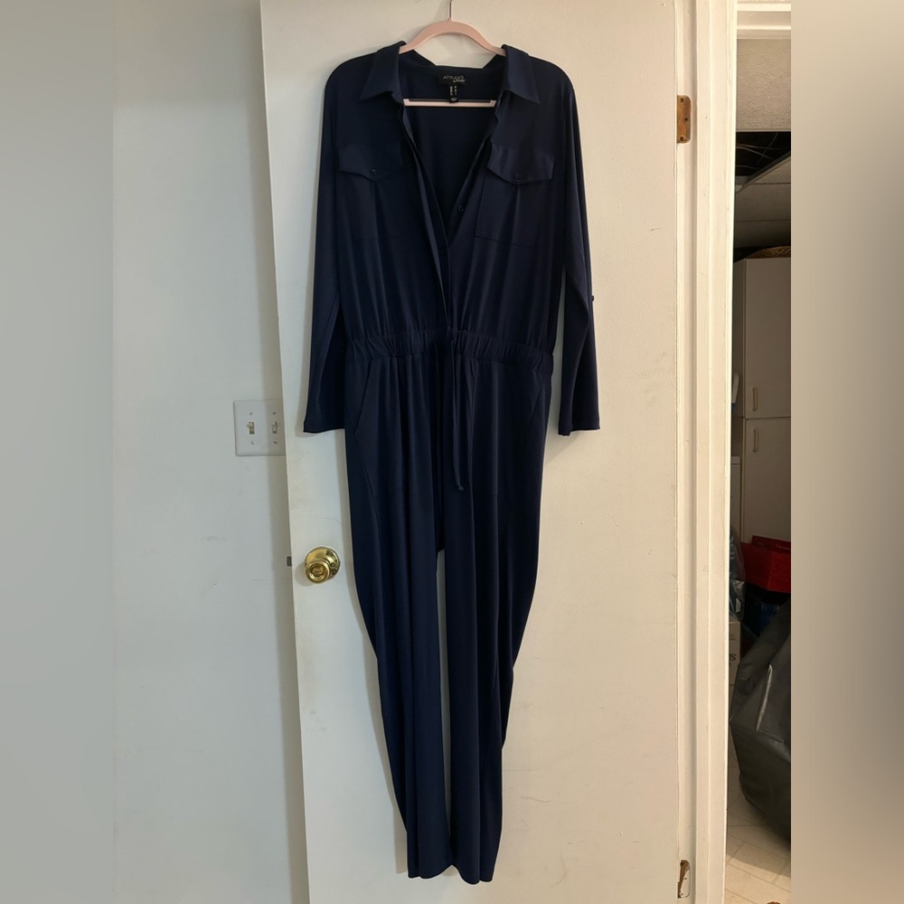 ATTITUDES by Reneé Navy Tie Front Jumpsuit